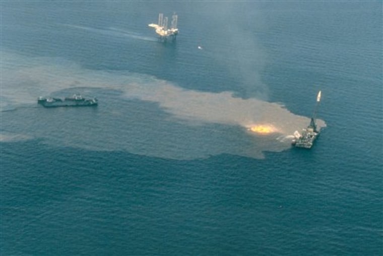 In this undated photo released by the National Oceanic and Atmospheric Administration, a fire burns near the Ixtoc exploratory well that blew out on June 3, 1979, in the Bay of Campeche, off Ciudad del Carmen, Mexico. Three decades later, the 1979 Ixtoc disaster remains the Gulf's, and the world's, worst oil spill.